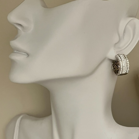 Two Sided Reversible Silver Rhinestone Cz Huggie Earrings - Picture 3 of 9